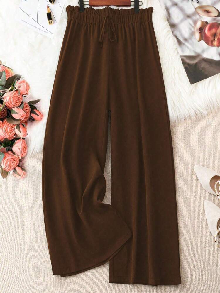 SHEIN PETITE Plus Size Women's Woven Solid Color Ruffle Hem Tie Waist Wide Leg Casual Black Pants, Spring/Summer | SHEIN