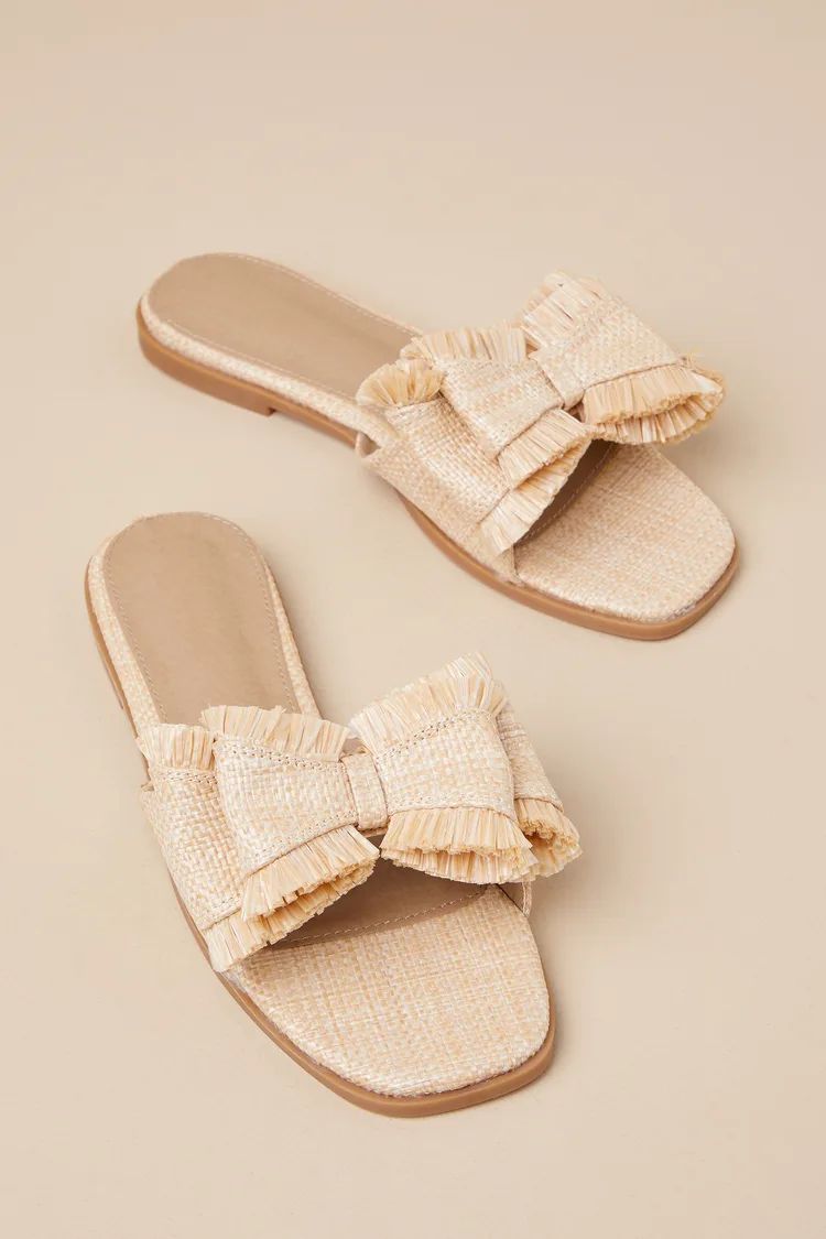 Castiel Natural Woven Raffia Bow Slide Sandals | Lulus