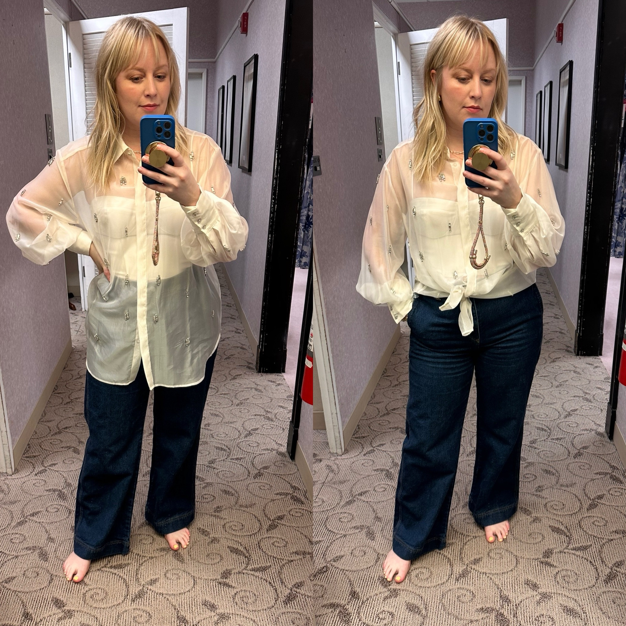 I wish the sheer part didn’t fit so oversized because this was really pretty. I’m wearing a size 6. If you are busty you might need to size up as the under shirt is a bustier  