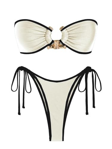ZAFUL Womens Bikini Bathing Suit Bandeau Two Piece Swimsuit Shiny Cheeky High Cut Triangle Bikini Sets Shiny Beige S | Amazon (US)