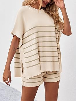 Fisoew Women's Striped 2 Piece Outfits Oversized Batwing Short Sleeve Tops High Waisted Shorts Su... | Amazon (US)