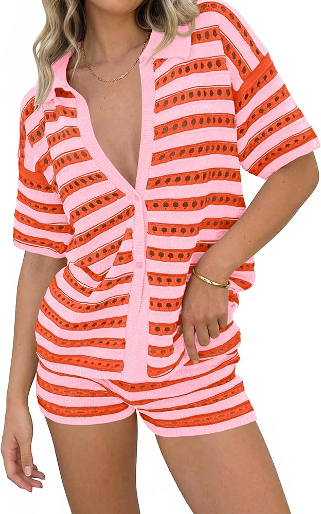 Saodimallsu Womens Crochet Swimsuit Coverup Summer 2 Piece Outfits Striped Knit Short Sleeve Butt... | Amazon (US)