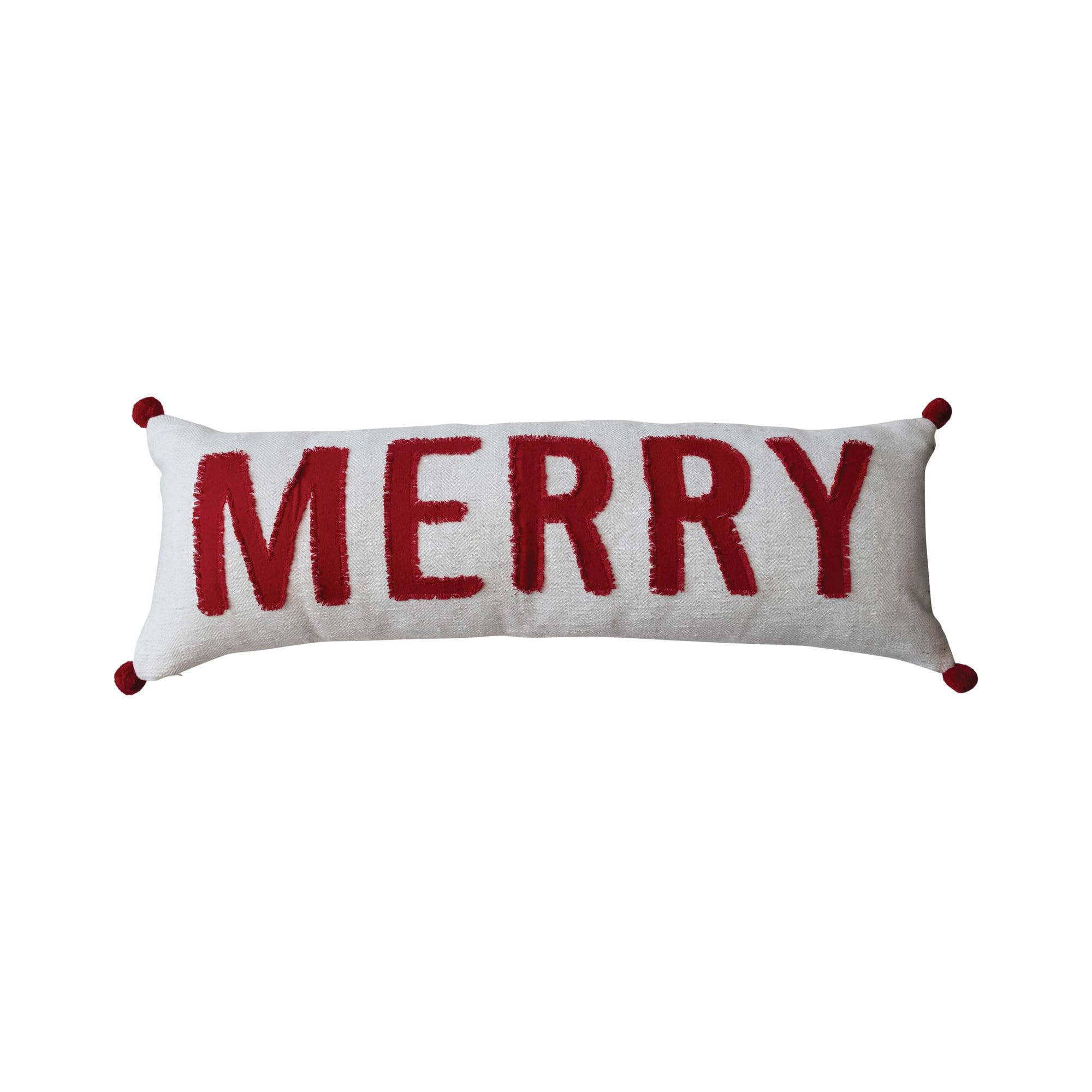 Creative Co-Op Woven Cotton Lumbar Pillow with Appliqued Merry and Pom Poms, Red and White | Amazon (US)