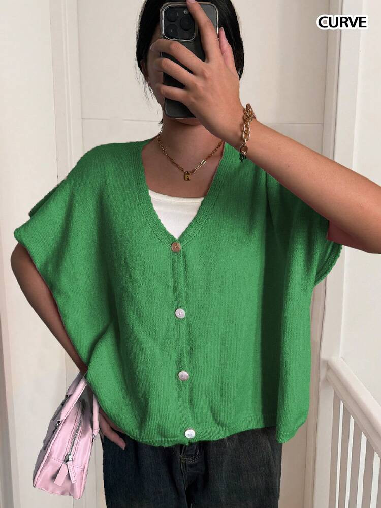 Plus Size Women's Spring And Summer Fashion Casual Elegant Simple Commuter V-Neck Solid Color Swe... | SHEIN