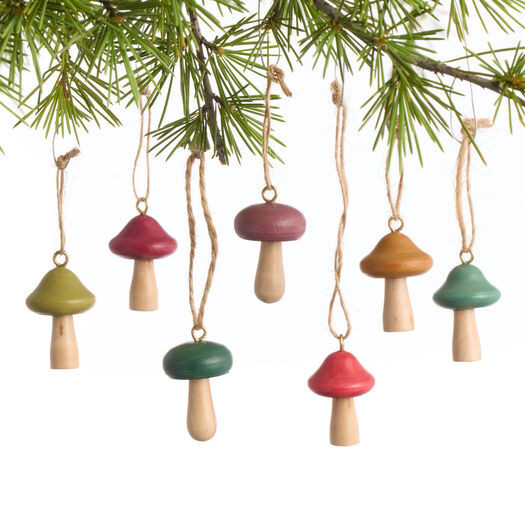 Mini Wood Mushroom Ornaments 14 Pack by World Market | World Market