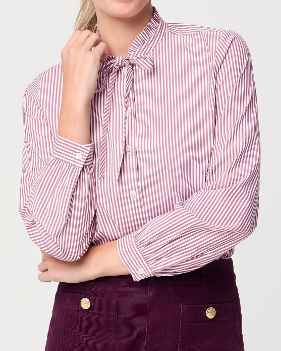 Ruffle collar tie neck red and white stripe button up shirt

#LTKSeasonal #LTKSaleAlert