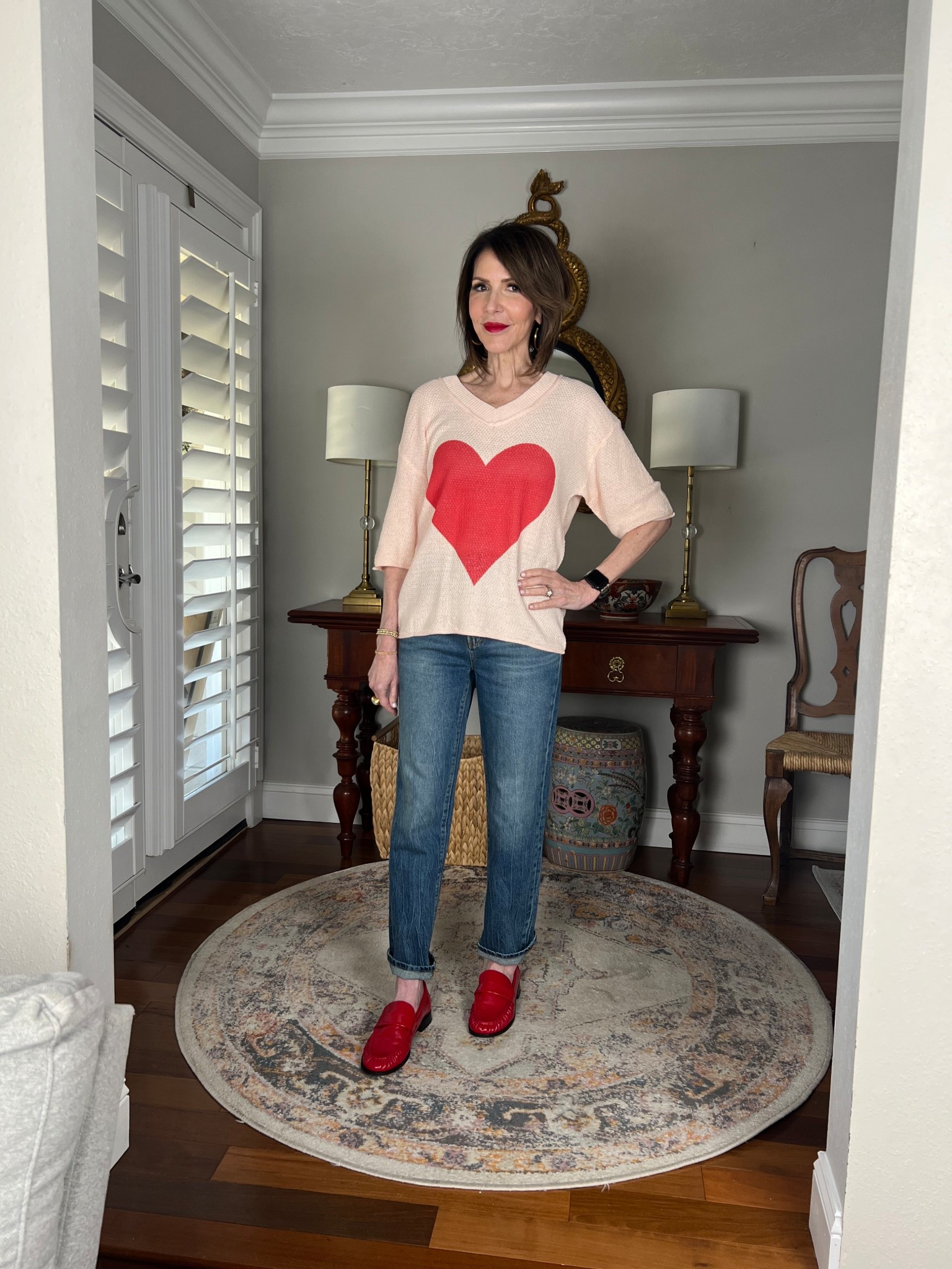 heart sweater, straight leg jeans, over 50 outfits 

#LTKootd #LTKgrwm #LTKOver40