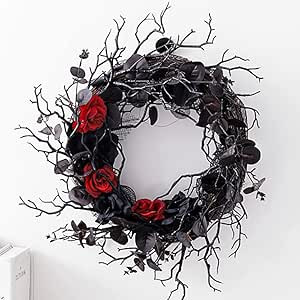 Amazon.com: FQQWEE Black Halloween Door Wreath with Eucalyptus Leaves Red Rose 15In Happy Hallowe... | Amazon (US)
