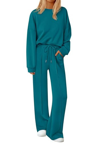 PRETTYGARDEN 2 Piece Sets For Women Fall Trendy Long Sleeve Sweatshirt Wide Leg Pants Loungewear Set Matching Sweatsuit (Blue Green,Small) | Amazon (US)