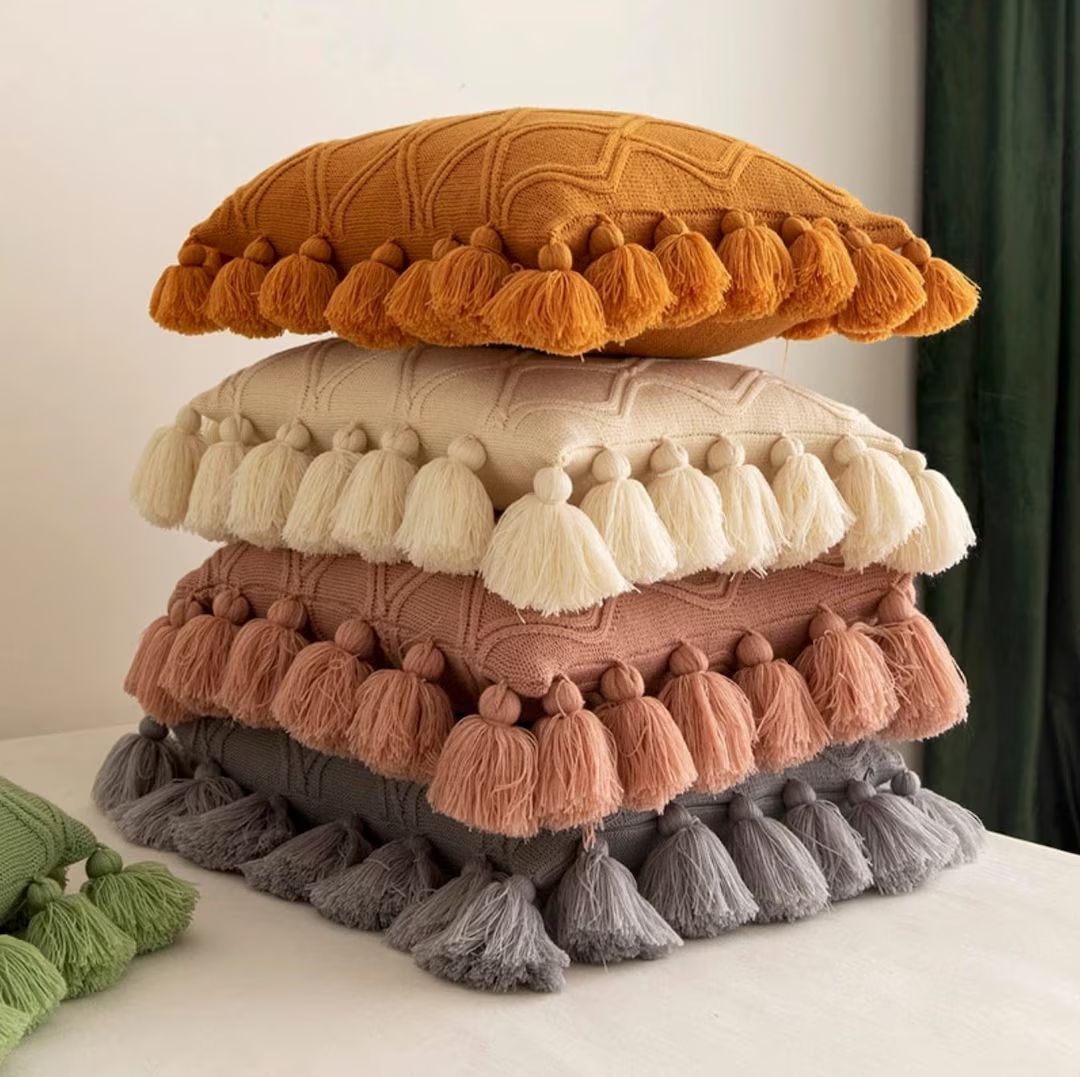 Boho Tassel Pillow Cover Spring Cushion Covers Cozy Knit - Etsy | Etsy (US)