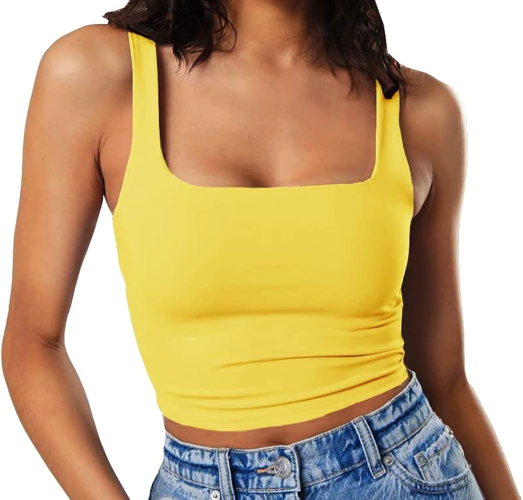 Artfish Women's Sleeveless Strappy Tank Square Neck Double Layer Workout Fitness Casual Basic Crop T | Amazon (US)