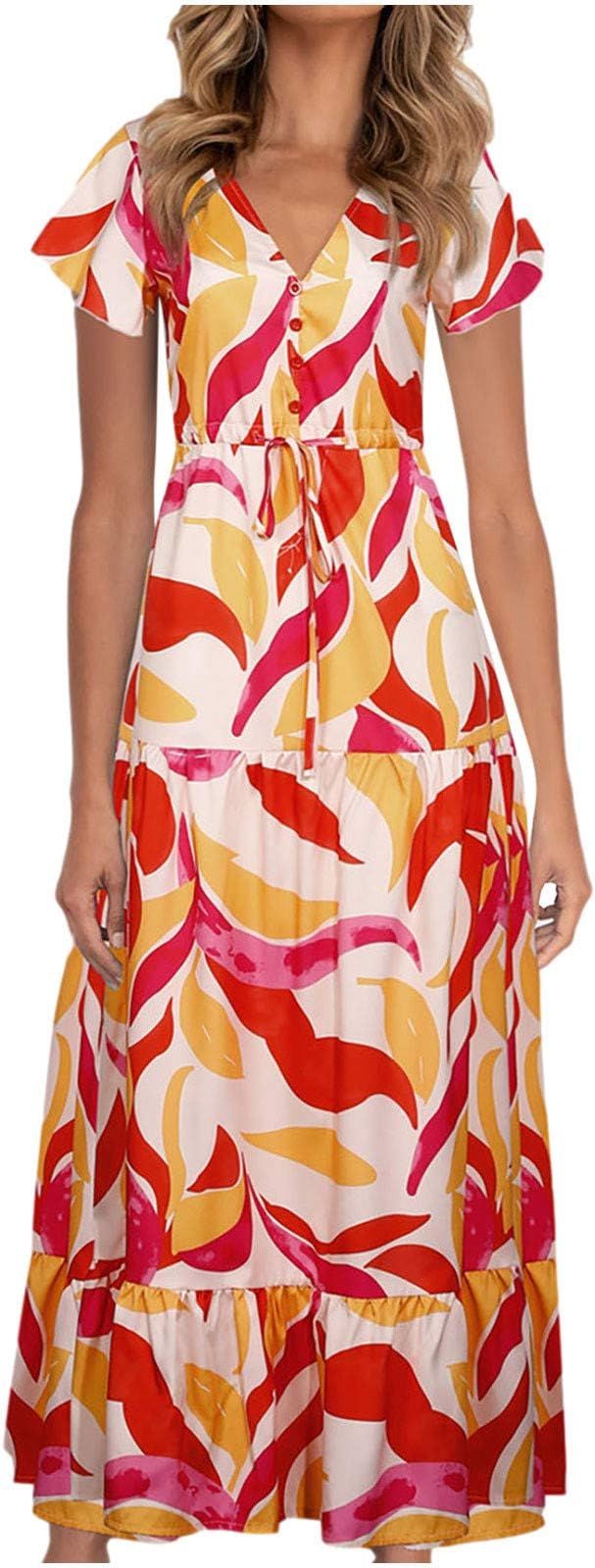 GoodLock Women Summer Holiday Dress Bohemian Floral Print Ruffles V-Neck Beach Party Maxi Dress | Amazon (US)