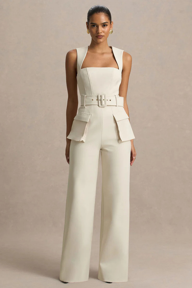 Solice  Cream Square-Neck Tailored Jumpsuit | Club L London