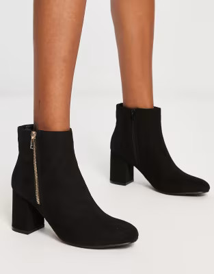 New Look heeled ankle boots with gold zip detail in black suedette | ASOS (Global)
