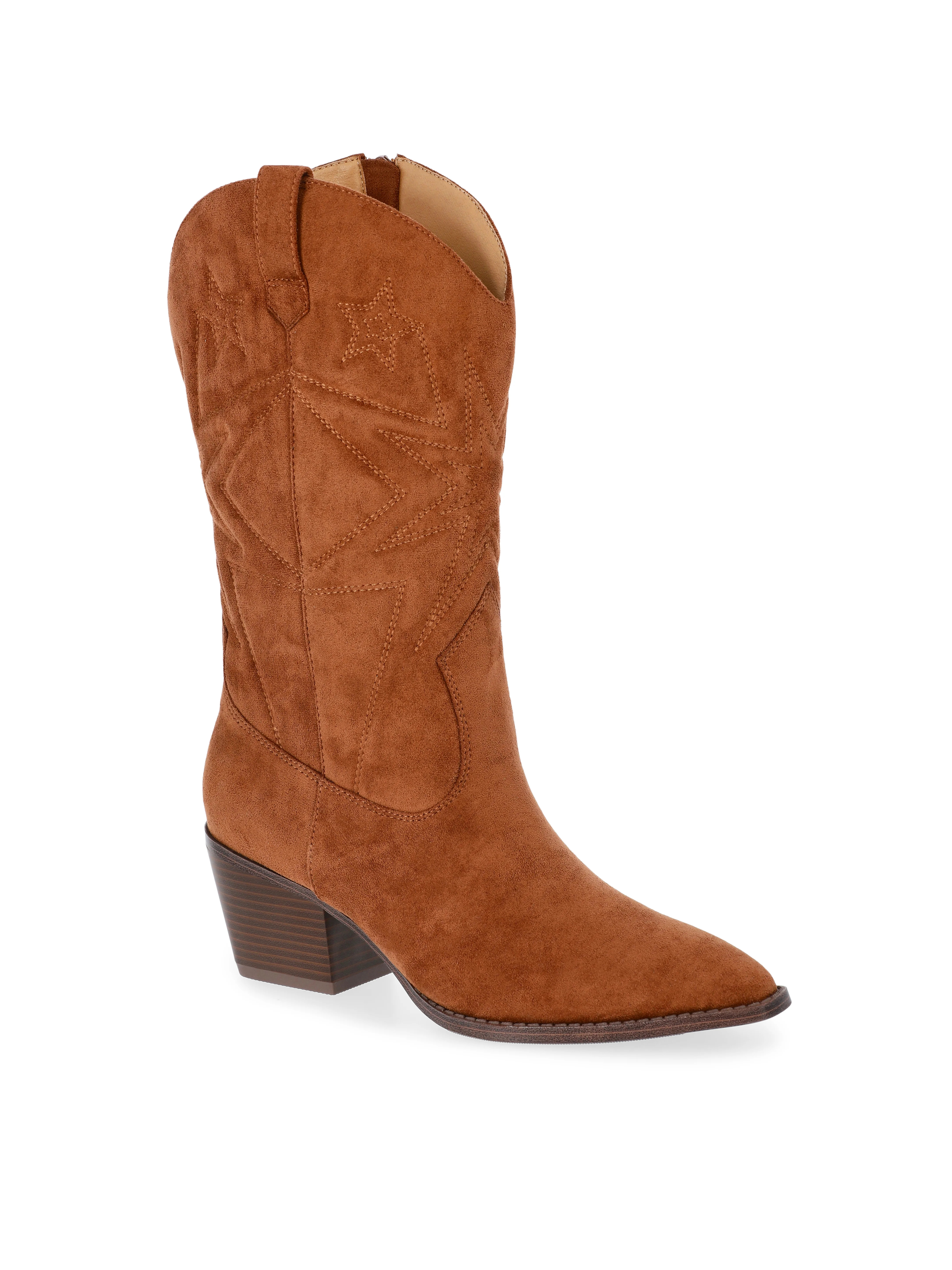Time and Tru Women's Faux Suede Embroidered Western Boots, Wide Width Available | Walmart (US)