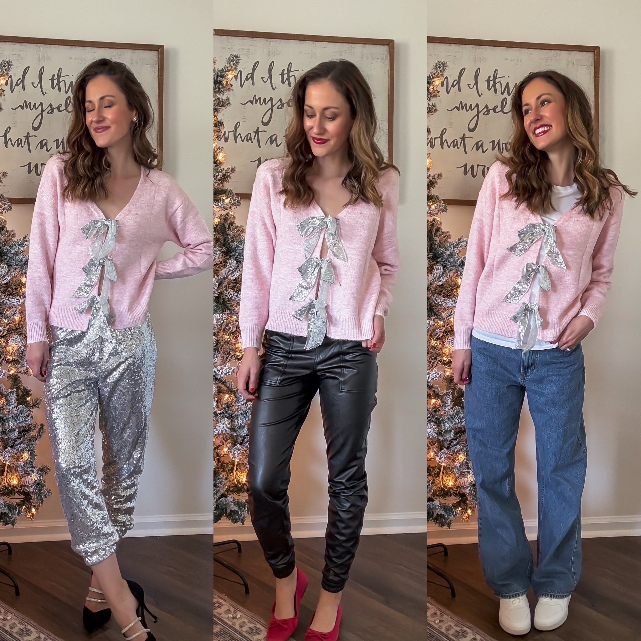Pink sequined bow cardigan three ways for holiday parties 

#LTKSeasonal #LTKootd #LTKHoliday