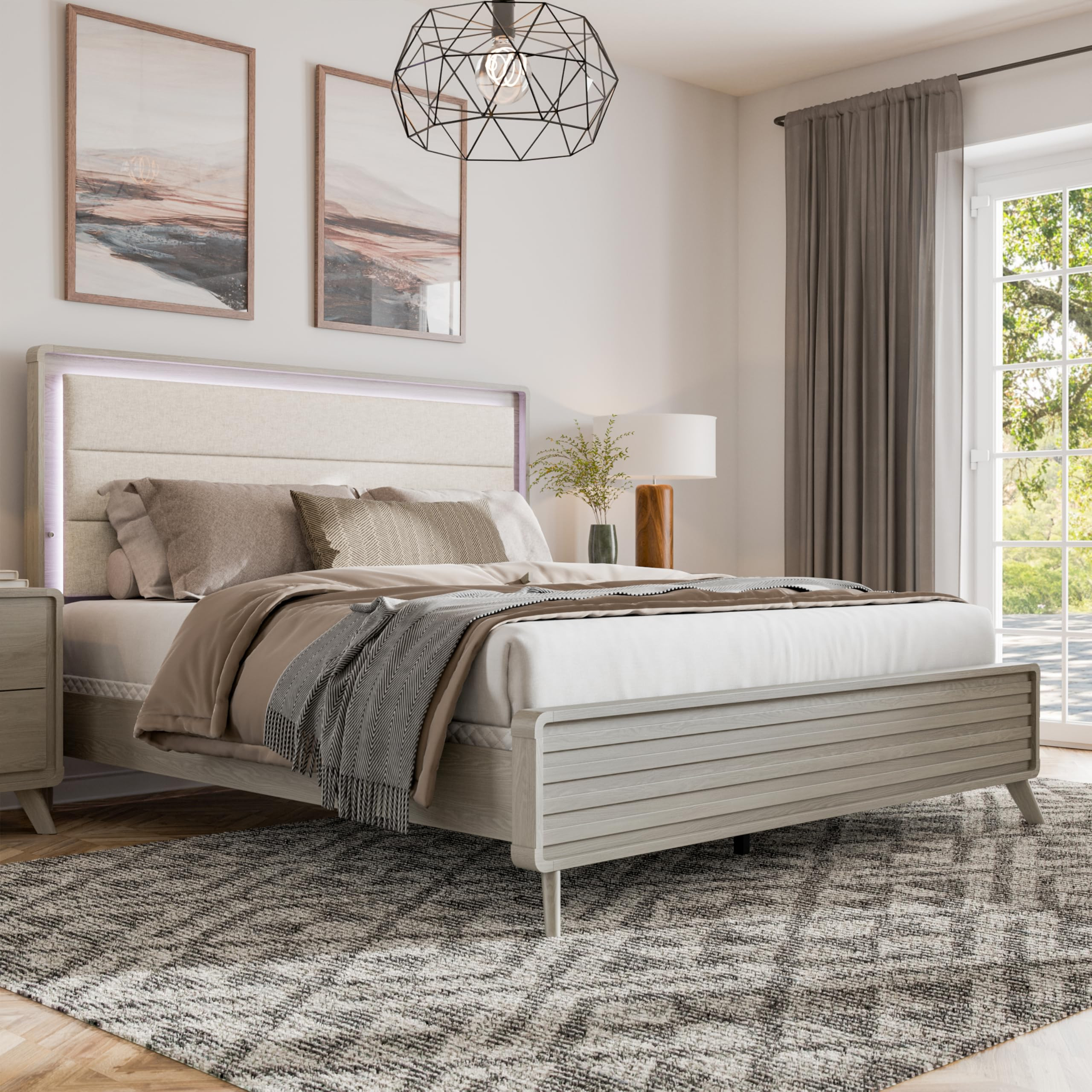 Furniture of America Xylia Modern Grey Wood Bed Frame with LED Lighting and Tapered Legs, Wooden ... | Amazon (US)