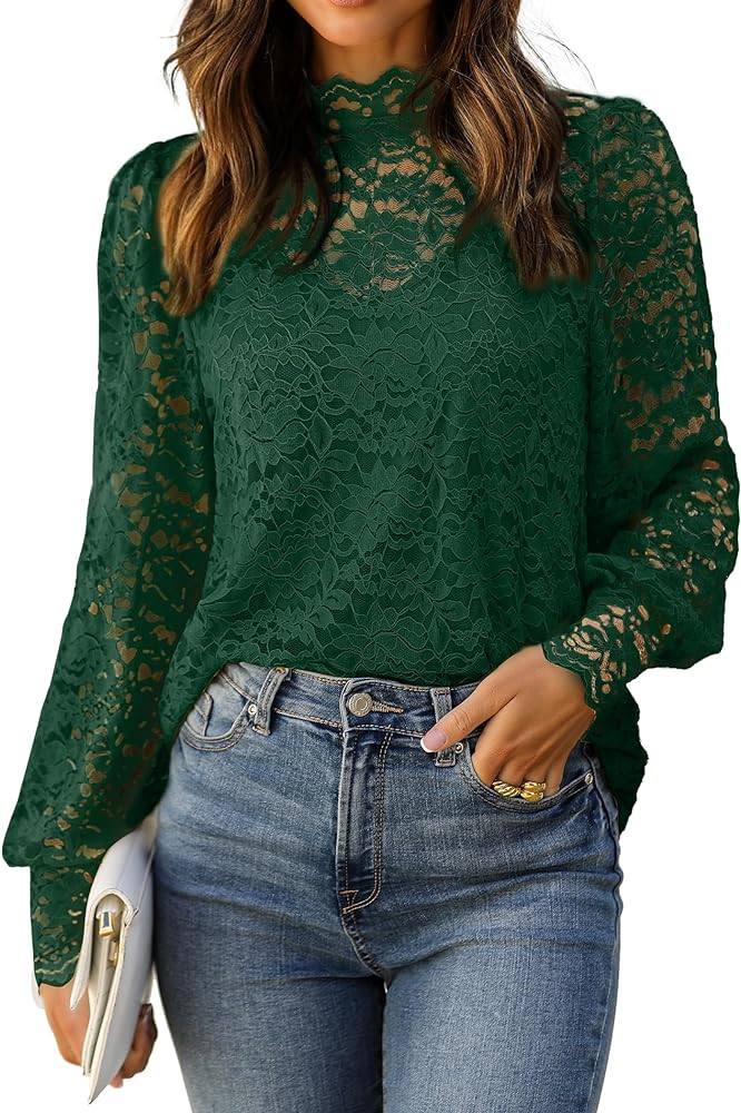 HOTOUCH Lace Tops for Women Sheer Long Sleeve Blouses Dressy Casual Shirt with Camisole 2 PCS Set... | Amazon (US)
