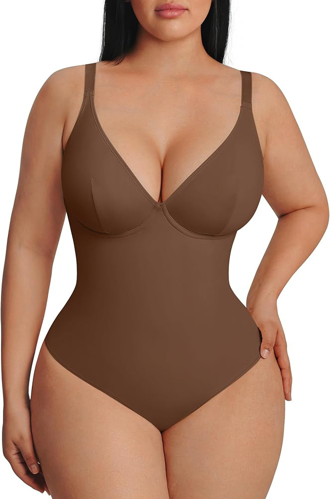 FeelinGirl Shapewear Bodysuits for Women Tummy Control Body Suits Deep V Neck Thong Body Shaper | Amazon (US)