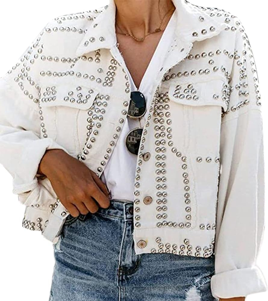 APAFES Women's Fashion Crop White Denim Jacket Distressed Western Studded Black Trucker Jacket | Amazon (US)