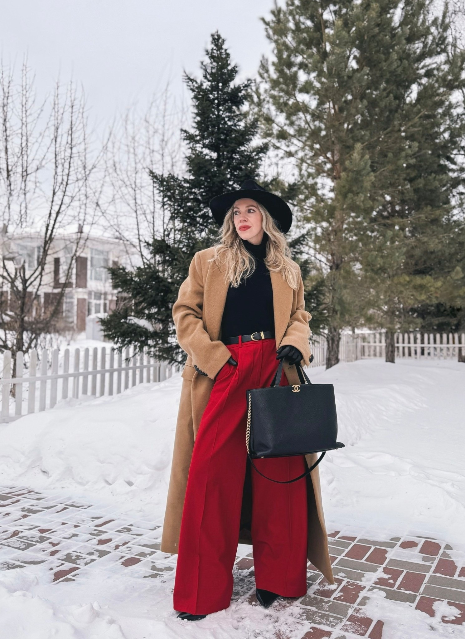 Camel coat winter outfit, red wide leg trousers, black red and camel outfit, winter workwear 

#LTKOver40 #LTKFindsUnder100 #LTKWorkwear