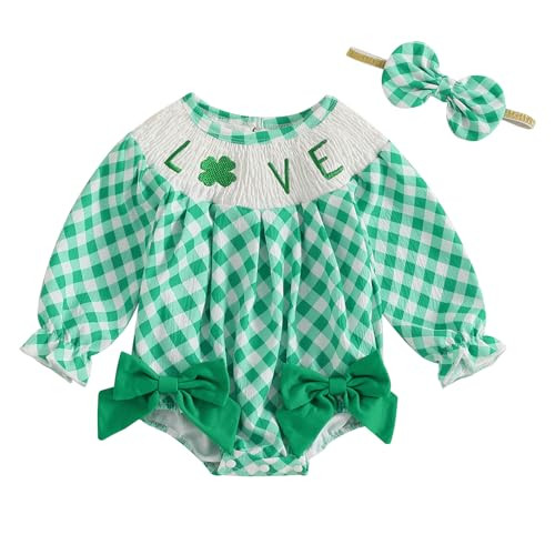 Nokpsedcb St Patricks Day Baby Girl Outfit Cute Shamrock Smocked Bubble Romper Bodysuit Infant Spring Clothes (Green Love Shamrock, 6-9 Months) | Amazon (US)