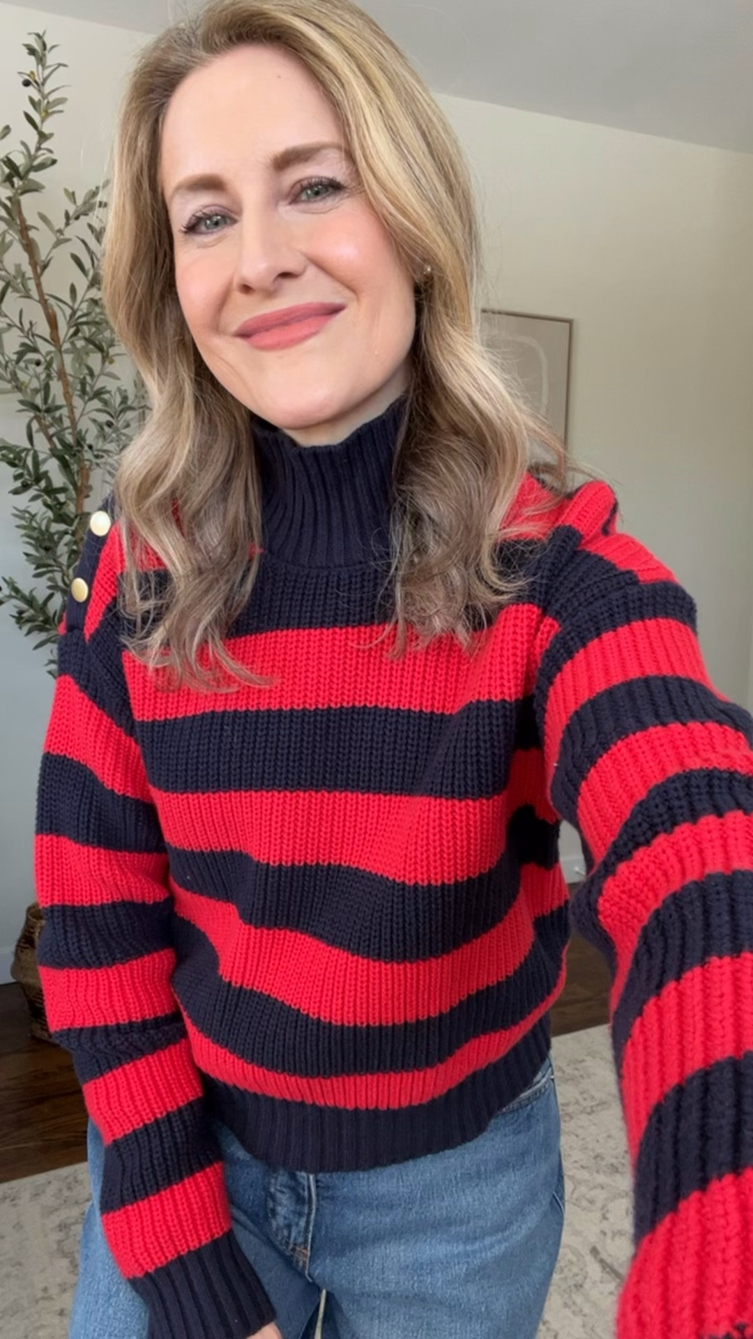 Navy and red stripe sweater with gold button detail, looks high end, nice cotton, fits true to size and I’m in a small. Jeans run big go down a size. #walmartfashion 

#LTKOver40