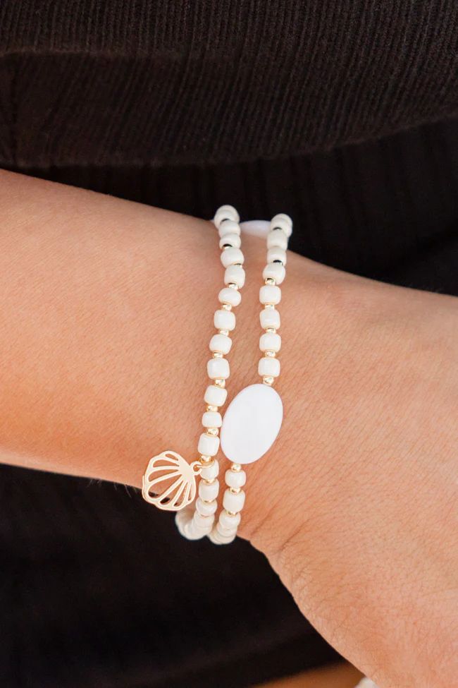 Ivory Beaded Shell Double Bracelet | Pink Lily
