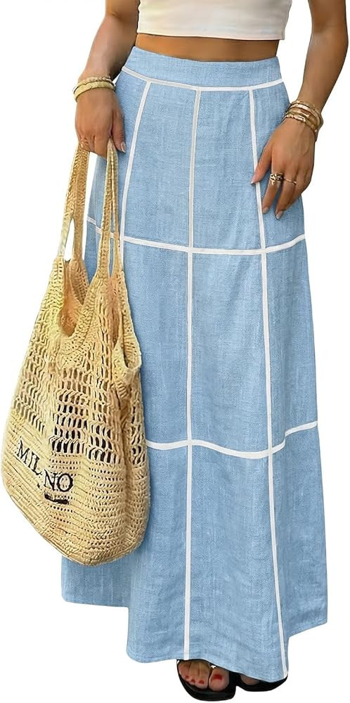 EXLURA Women's Faux Linen Boho Maxi Skirt Grid High Waist Long Flowy Skirts Summer Beach Vacation... | Amazon (US)