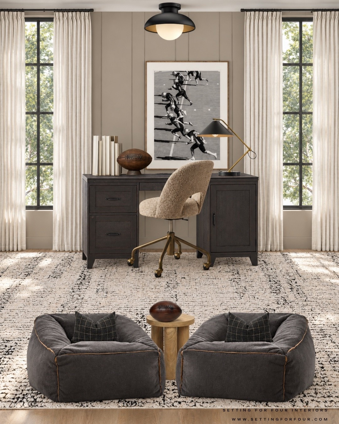 Stylish boys bedroom with football accents, desk and lounge area-  mood board design and decor ideas. Neutral aesthetic, teen bedroom, kids room, flush mount light, black, brown, beige and white, comforter, bedding, desk, desk chair, desk lamp, boys bed, wood bed, homework area, study zone, nightstands, lounge chair, end table, table lamps, boy, teenager, wall art, organic modern, minimalist, transitional, Pottery Barn style, Crate & Barrel, Amazon home.

#LTKsale #LTKhome #LTKkids