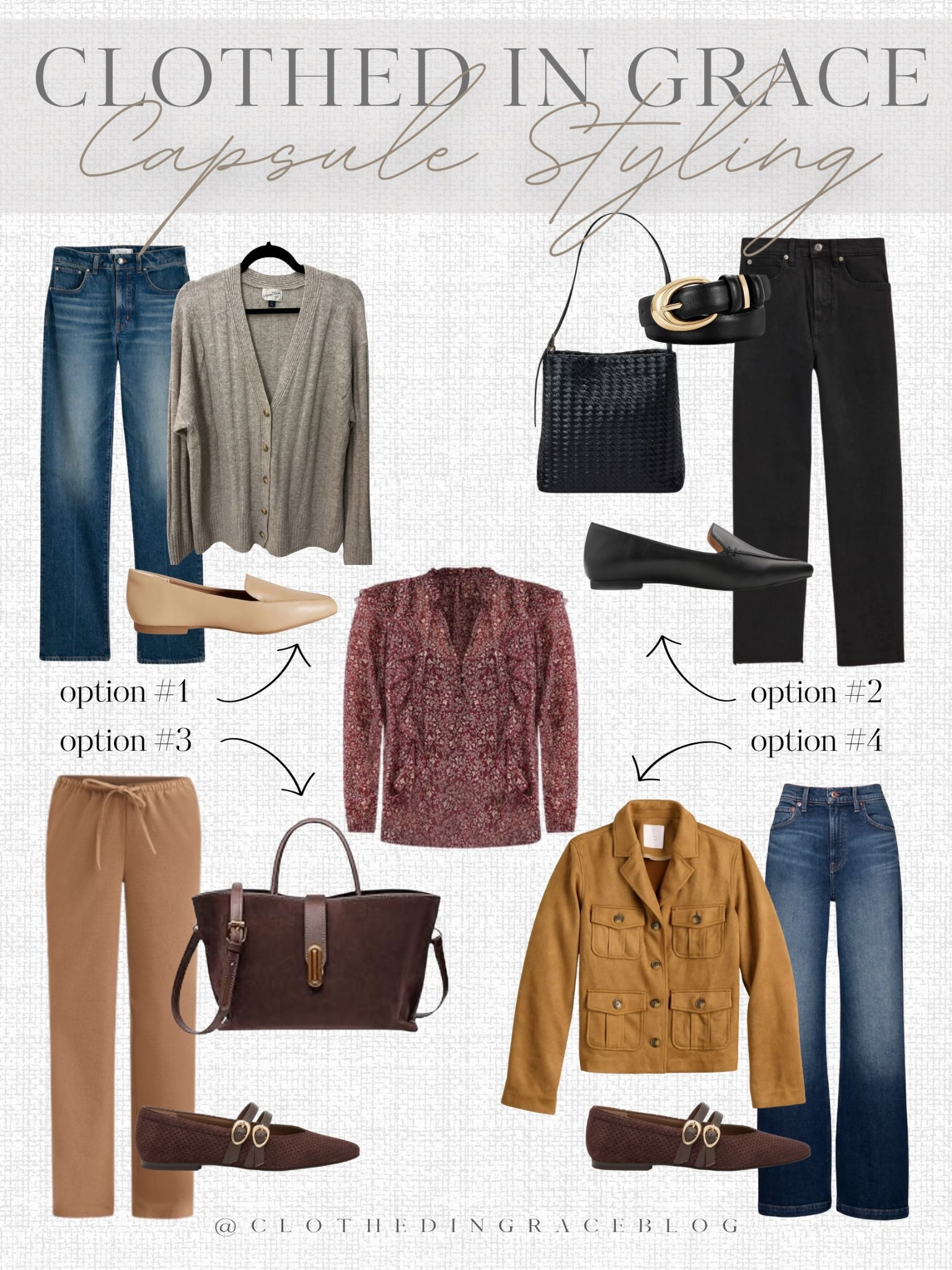 Fall Capsule Styling - Burgundy floral blouse 4 ways. 