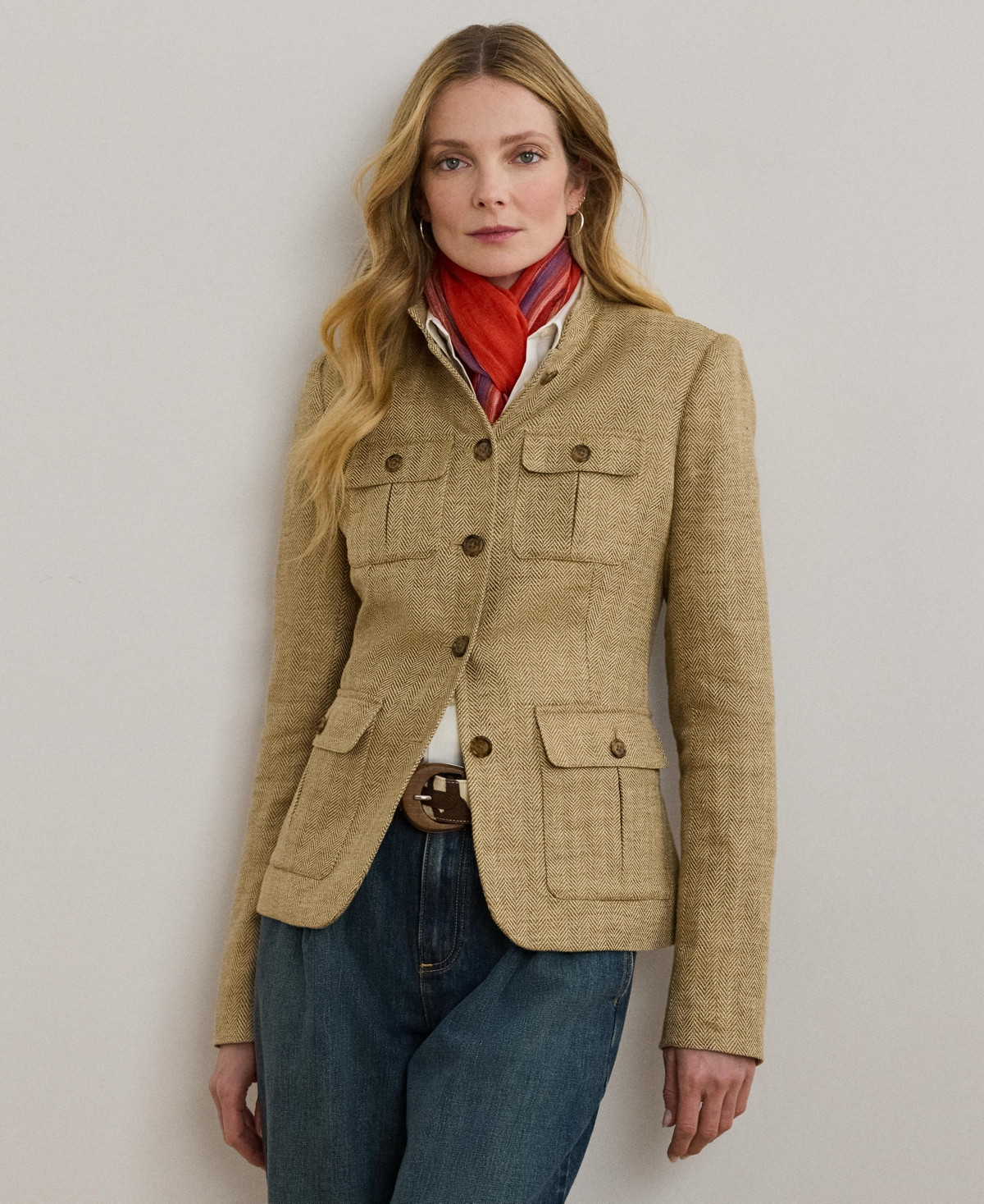 Lauren Ralph Lauren Women's Herringbone Linen Jacket - Light Brown/Tan | Macy's