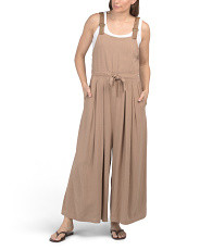 Linen Blend Wide Leg Faux Leather Shoulder Straps Jumpsuit | Juniors | Marshalls | Marshalls