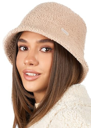Brown Fuzzy Bucket Hat for Women - Winter Faux Fur Bucket Hat - Fluffy Sherpa Bucket Hats for Women | Amazon (US)