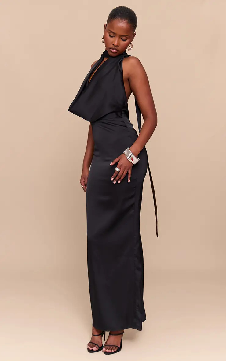 Black Satin Cowl Neck Drape Maxi Dress | PrettyLittleThing USA | PrettyLittleThing US