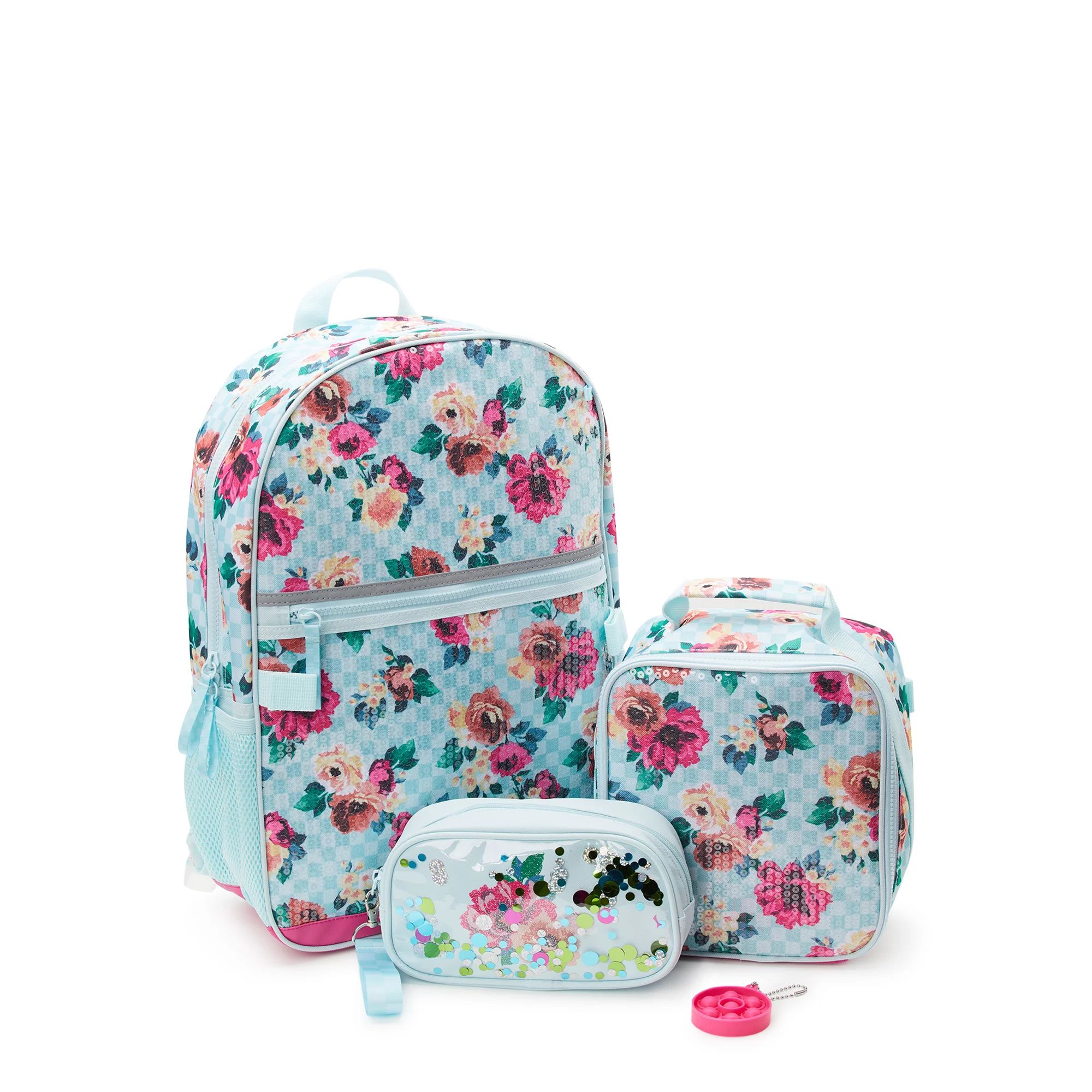 Wonder Nation Kids 17" Laptop Backpack and Lunch Tote Set, 4-Piece, Floral Print Mint Zest | Walmart (US)