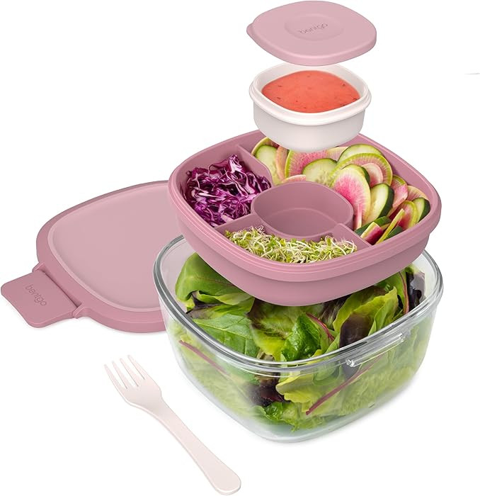 Bentgo Glass All-in-One Salad Container - Large 61-oz Salad Bowl with Lid, 4-Compartment Bento-St... | Amazon (US)