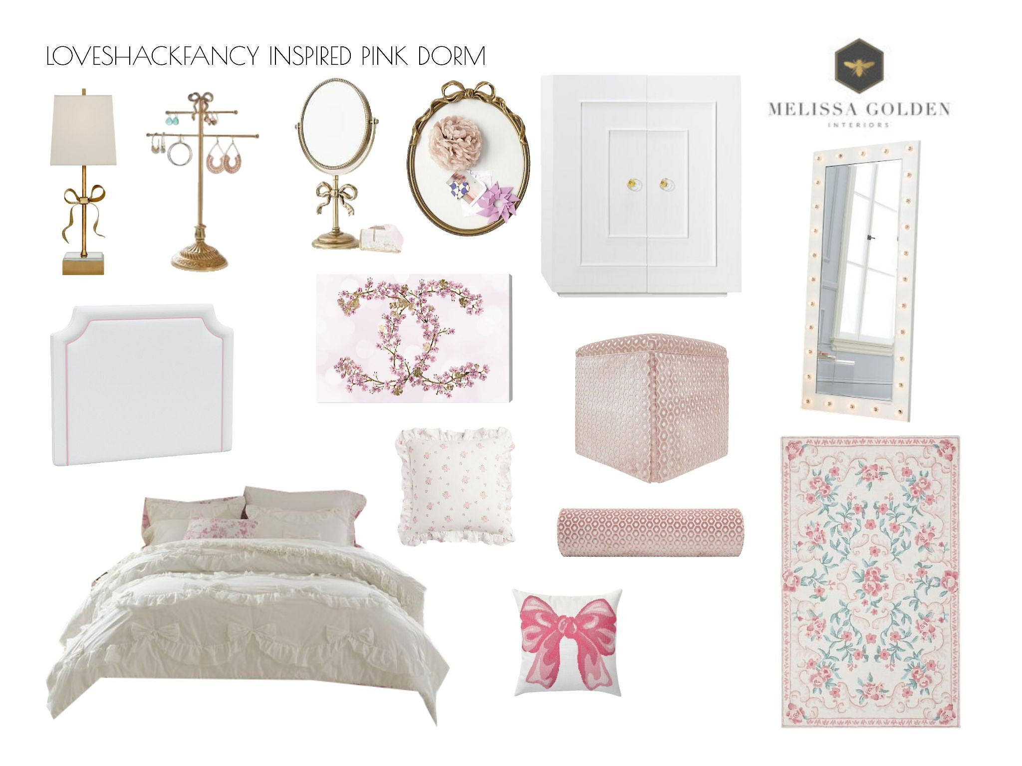 This dorm room design draws heavy inspiration from the whimsical, romantic aesthetic of LoveShackFancy, combining vintage charm with modern dorm practicality. The curated selections reflect a soft, feminine, and slightly eclectic style, ideal for creating a cozy, expressive, and personalized space. 

 