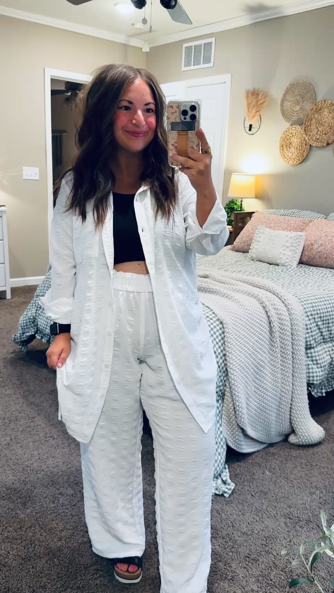Beach vacation vibes on a budget ☀️ linked this cute coverup set from Walmart featuring the perfect lightweight button down + matching pants 🤍

black sandals: fit true to size // wearing a 5
cover up pants: fit true to size // wearing a large
cover up button top: fits oversized // wearing a medium 

 #LTKSeasonal #LTKSwim
