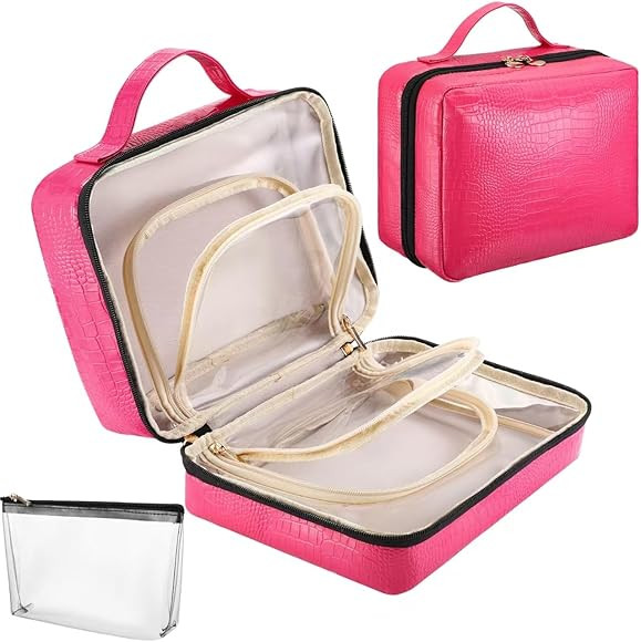 Travel Cosmetic Bag - Leather Makeup Bag Organizer with Clear Makeup Pouch, Open Flat Design with... | Amazon (US)