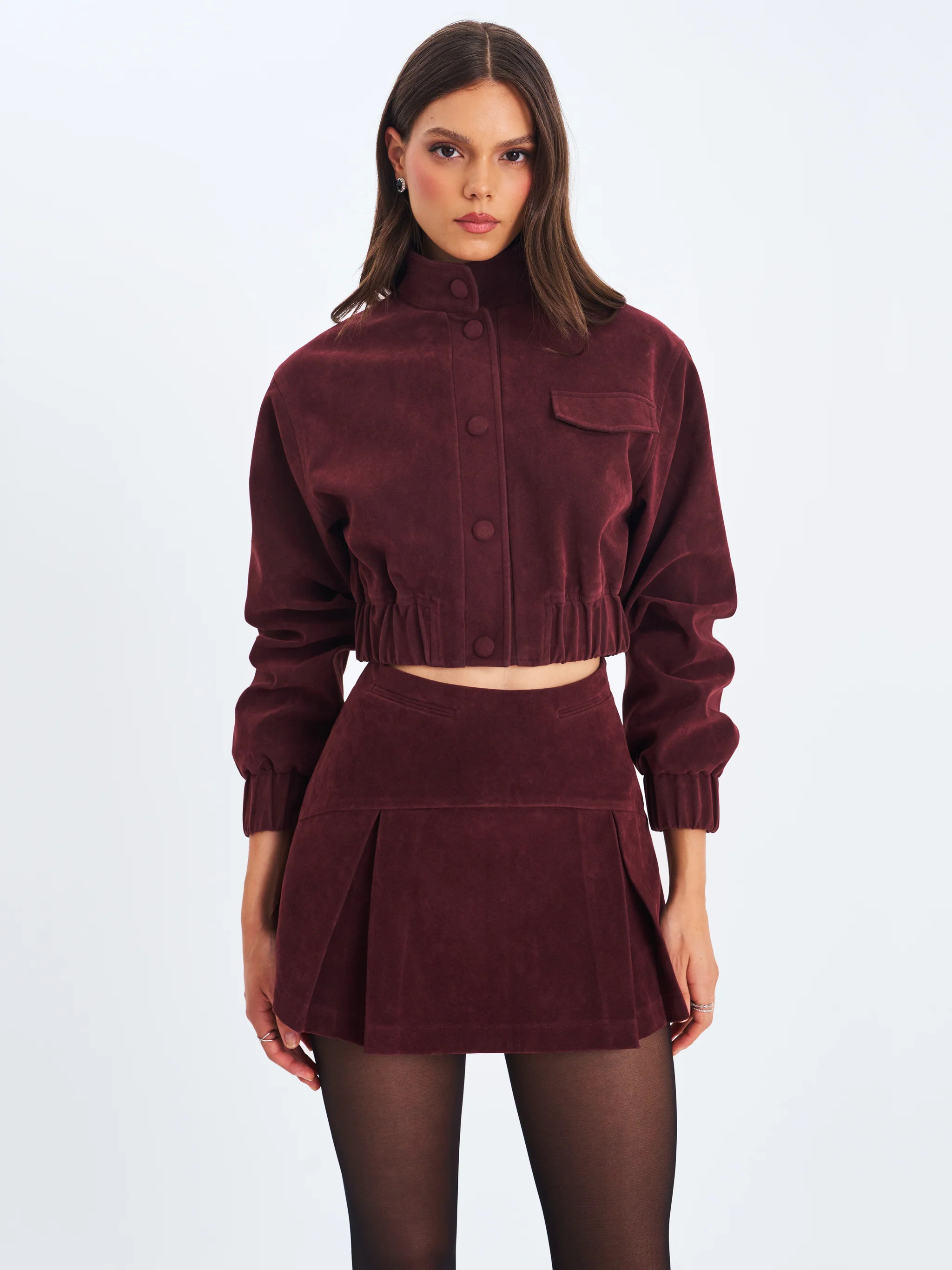Faryn Mahogany Vegan Suede Pleated A-Line Mini Skirt | Miss Circle
