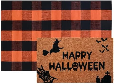 Halloween Decor Doormat Combo Set, 100% Coco Coir Welcome Mat + 28 x 43 Inches Orange and Black Plai | Amazon (US)
