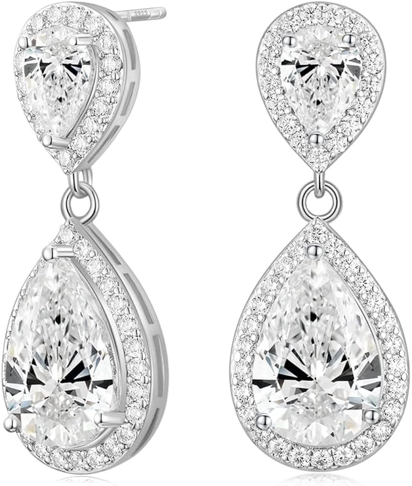 EAMTI Silver Dangle Earrings for Women Cubic Zirconia Teardrop Bridal Wedding Earrings 925 Sterli... | Amazon (US)