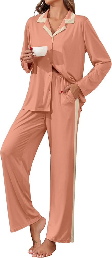 HiMONE Pajamas Set for Women, Viscose Derived from Bamboo Cooling Comfy Pjs Lounge Sets Button Up... | Amazon (US)