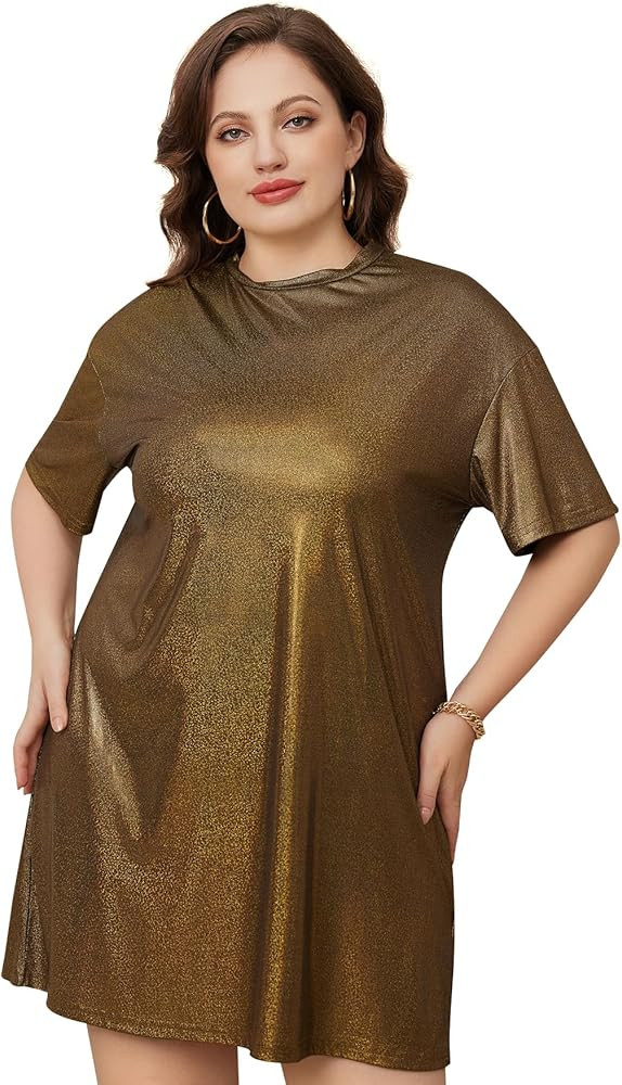 WDIRARA Women's Plus Size Short Sleeve Metallic Loose Mini Tshirt Dress for Clubwear | Amazon (US)
