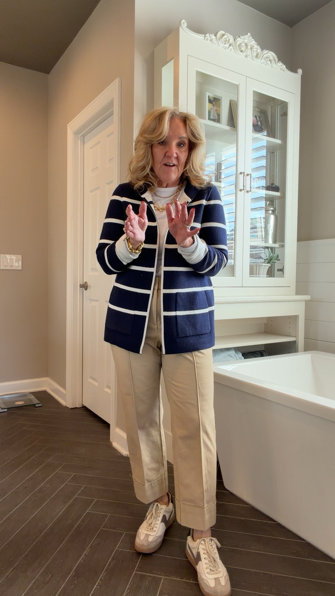 It’s reversible. Isn’t this a cute sweater? Major sale here! Wearing size 1.0
Khakis size 8 petite tee size medium 

#LTKOver40 #LTKWorkwear #LTKTravel

#LTKPetite #LTKOver40 #LTKSaleAlert