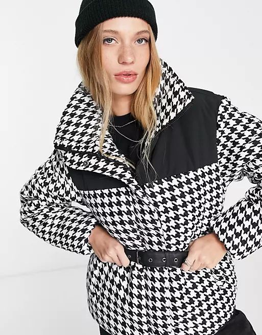 Only belted padded jacket in black and white houndstooth | ASOS (Global)