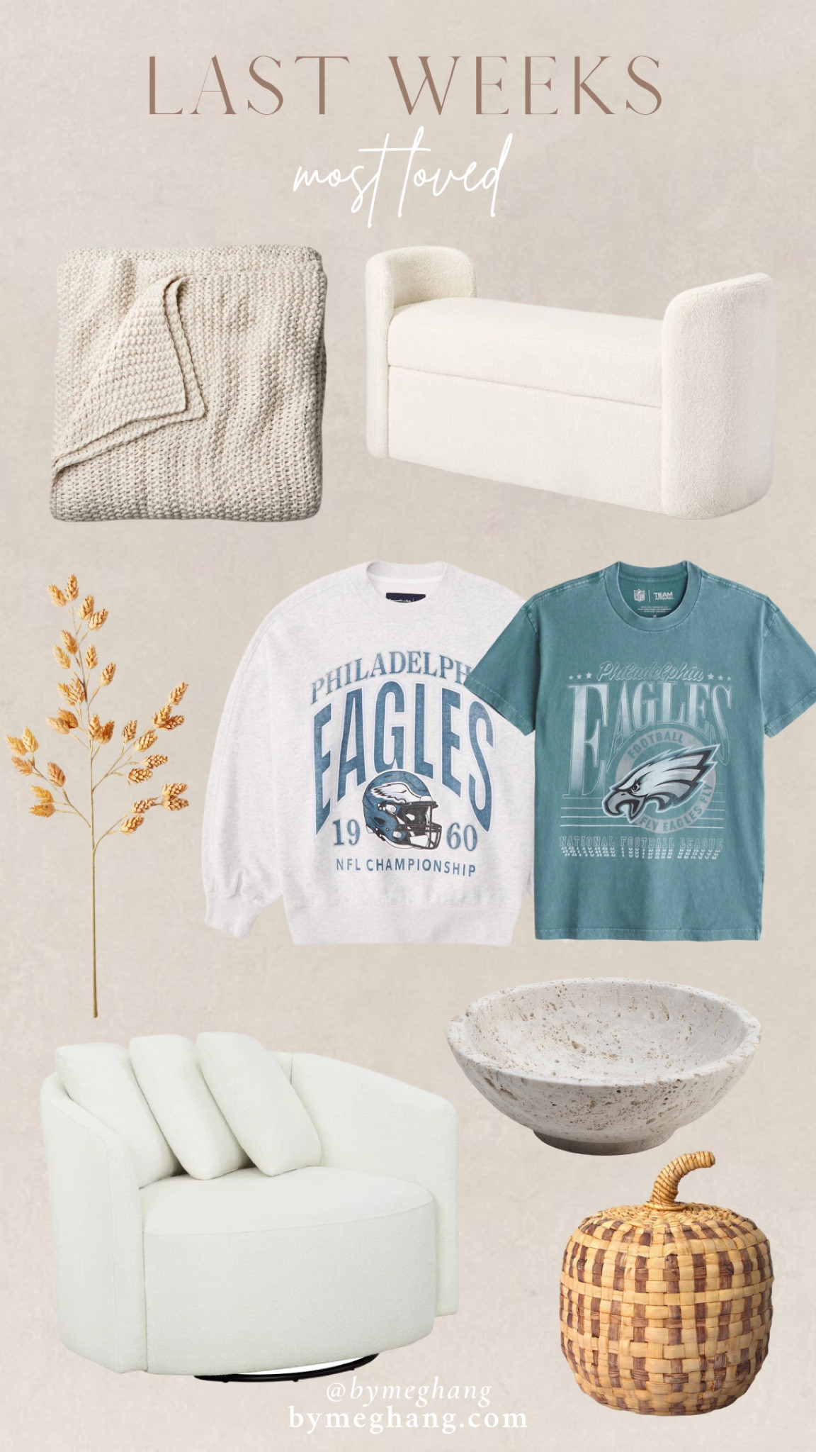 Last weeks most loved items: the best knit bed blanket that comes in queen and king sizes, my double bench is still on sale, the most realistic faux stems giving all the fall vibes, the cutest vintage style eagles gear (and yes they have every team), this swivel accent chair for under $300, travertine bowl at a good price and the prettiest woven pumpkins for fall. 

#LTKSeasonal