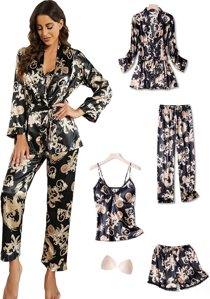 Arwser Women's Silk Satin Pajamas Set 4 Pcs Luxury Sleepwear Cami Top Pjs with Shorts and Robe | Amazon (US)