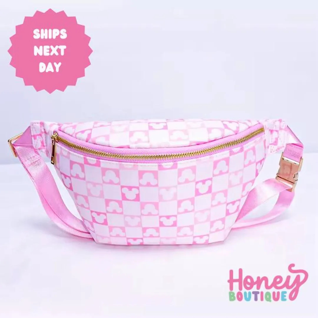 Pink Mouse Checkered Magical Large Nylon Fanny Pack - Etsy | Etsy (US)